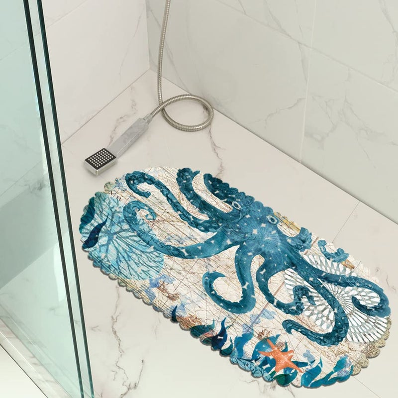 MOLFUJ Non Slip Octopus Bathtub Mat with Suction Cups, Oval Pebble Shower Mat for Baby Tub,Safety Vinyl Anti-Skid Decoration Bath Mat, Coastal Ocean Beach Nautical Themed Decor Bathroom Accessories - Image 5